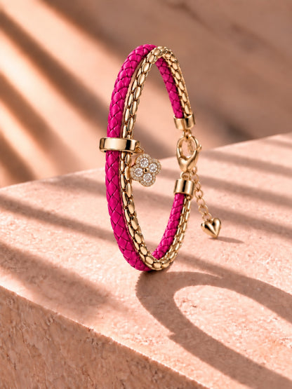 Fuchsia Pink Braided Double line Clover Band Cuff-18KT Gold Plated