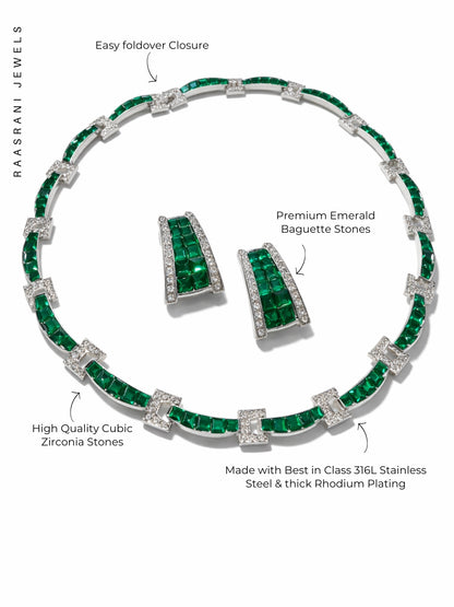Emerald CZ Rhodium Necklace Set | Luxe Partywear Jewelry