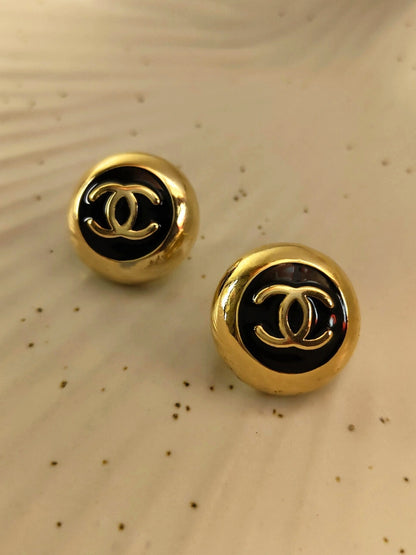 Brand Inspired Black & Gold Enamel Stud Earrings – 18K Gold Plated
