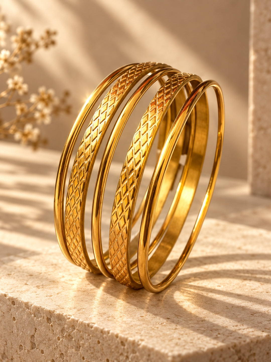 18K Gold Plated Barfi -Texture Stackable Bangles