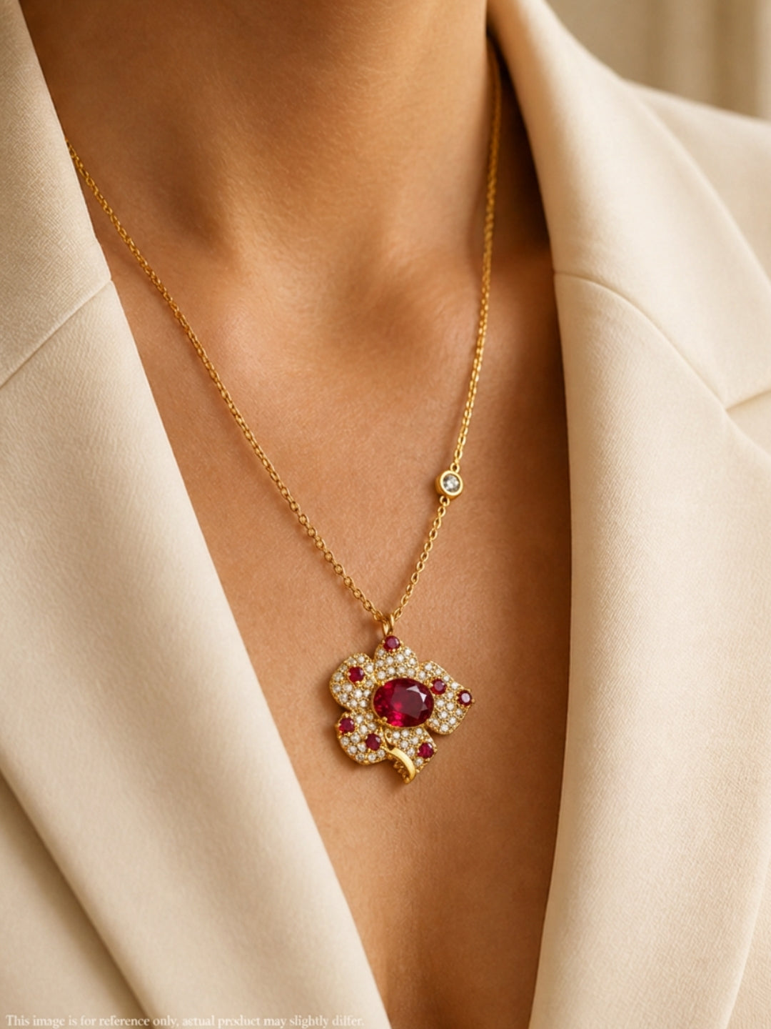 Rubis Ruby Red Floral Necklace & Earrings Set