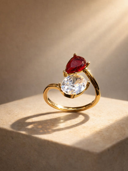 Red Ruby & White CZ Open Adjustable Gold Ring for Women
