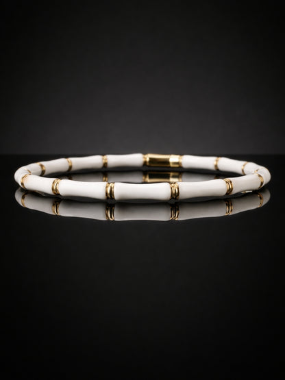 White Enamel Bamboo Gold Cuff Bracelet – Anti Tarnish, CZ Stone
