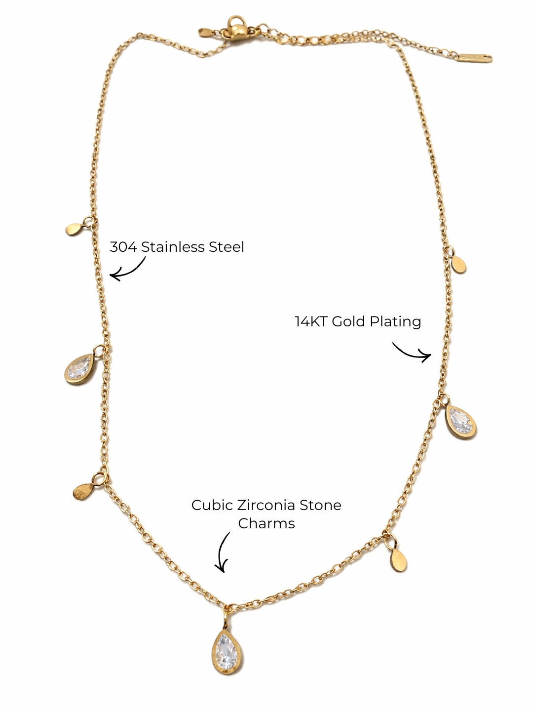 Teardrop CZ Charms Gold Chain Neckpiece – Anti Tarnish