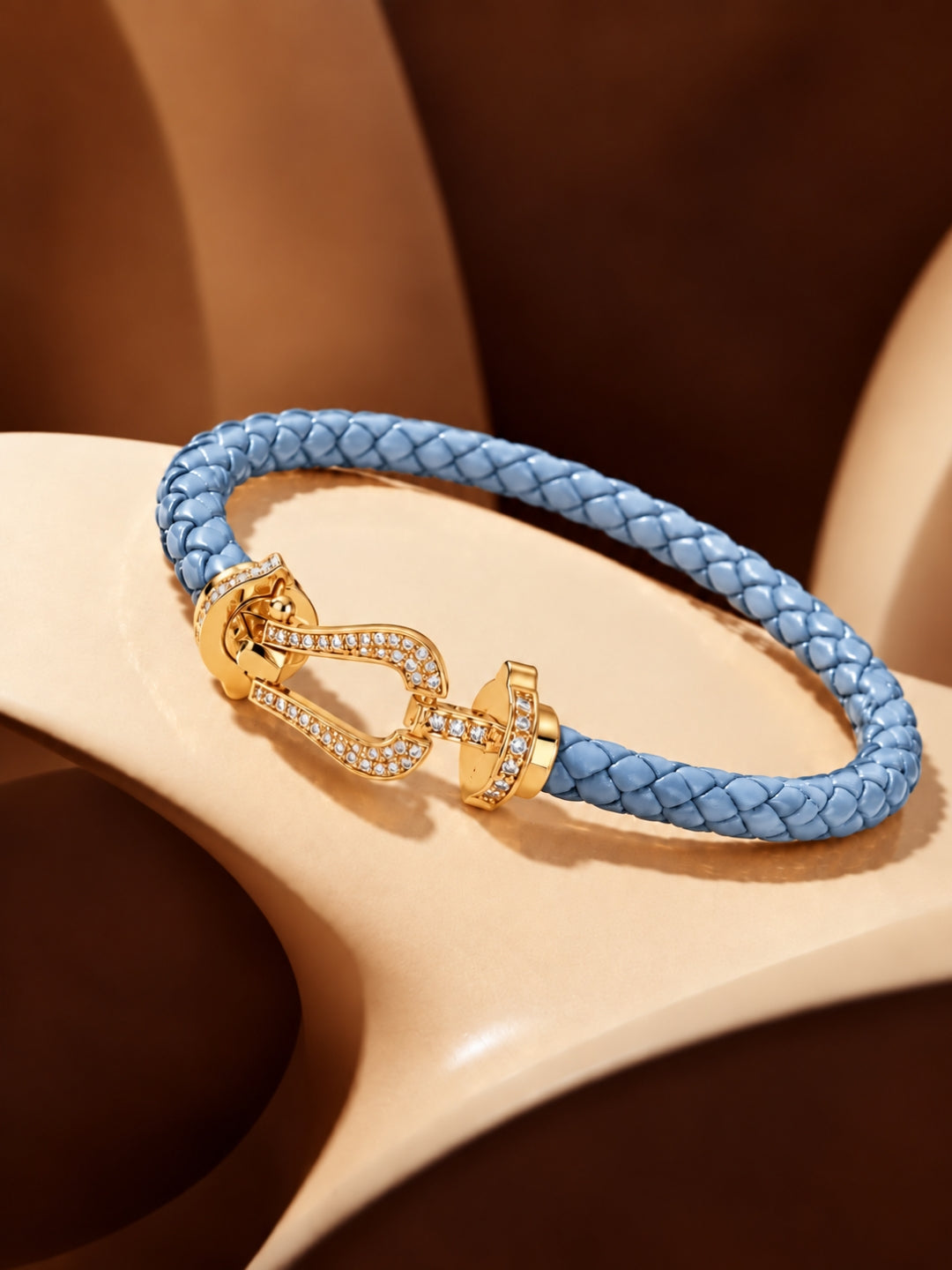 Sky Blue Studded Braided Leather Gold Magnetic Bracelet -18KT Gold Plated