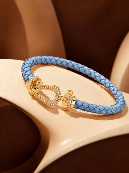 Sky Blue Studded Braided Leather Gold Magnetic Bracelet -18KT Gold Plated