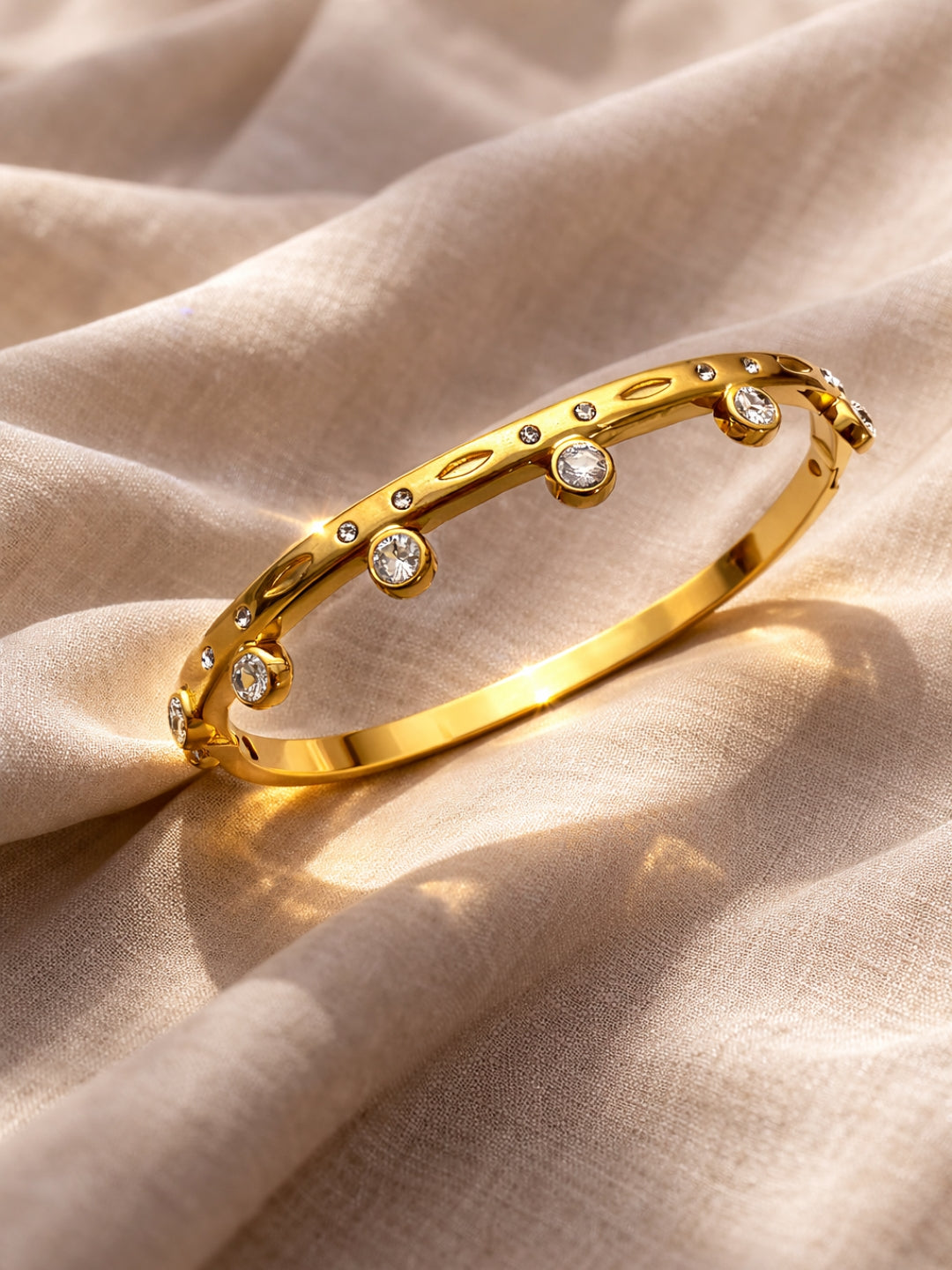 Gold Solitaire Studded Bracelet – CZ Open Cuff Bangle