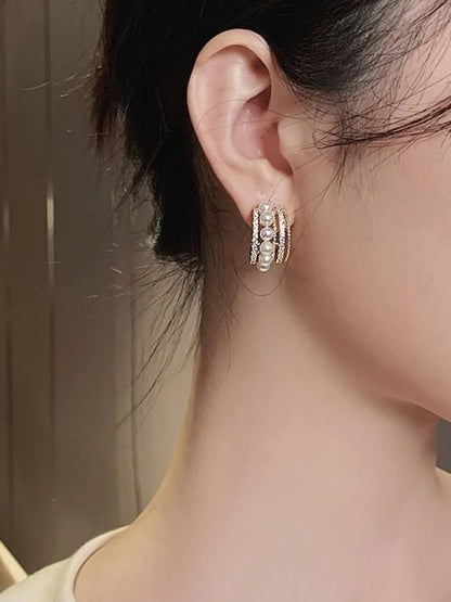Gold Pearl & CZ Multi-Line Stud Earrings | Elegant Fashion Jewelry