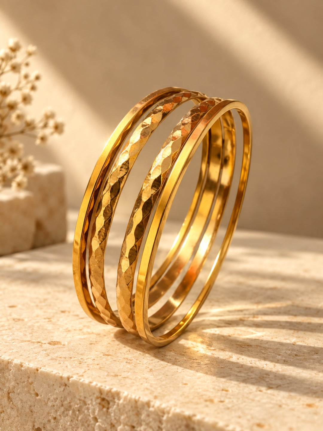 18K Gold Plated Textured Stainless Steel Stackable Bangle Set