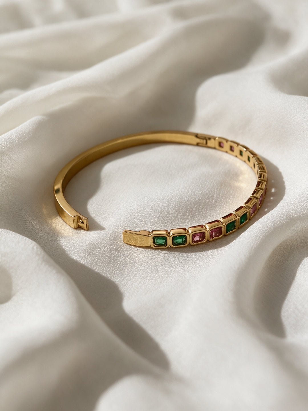 Green & Pink CZ Gold Plated Cuff Bracelet