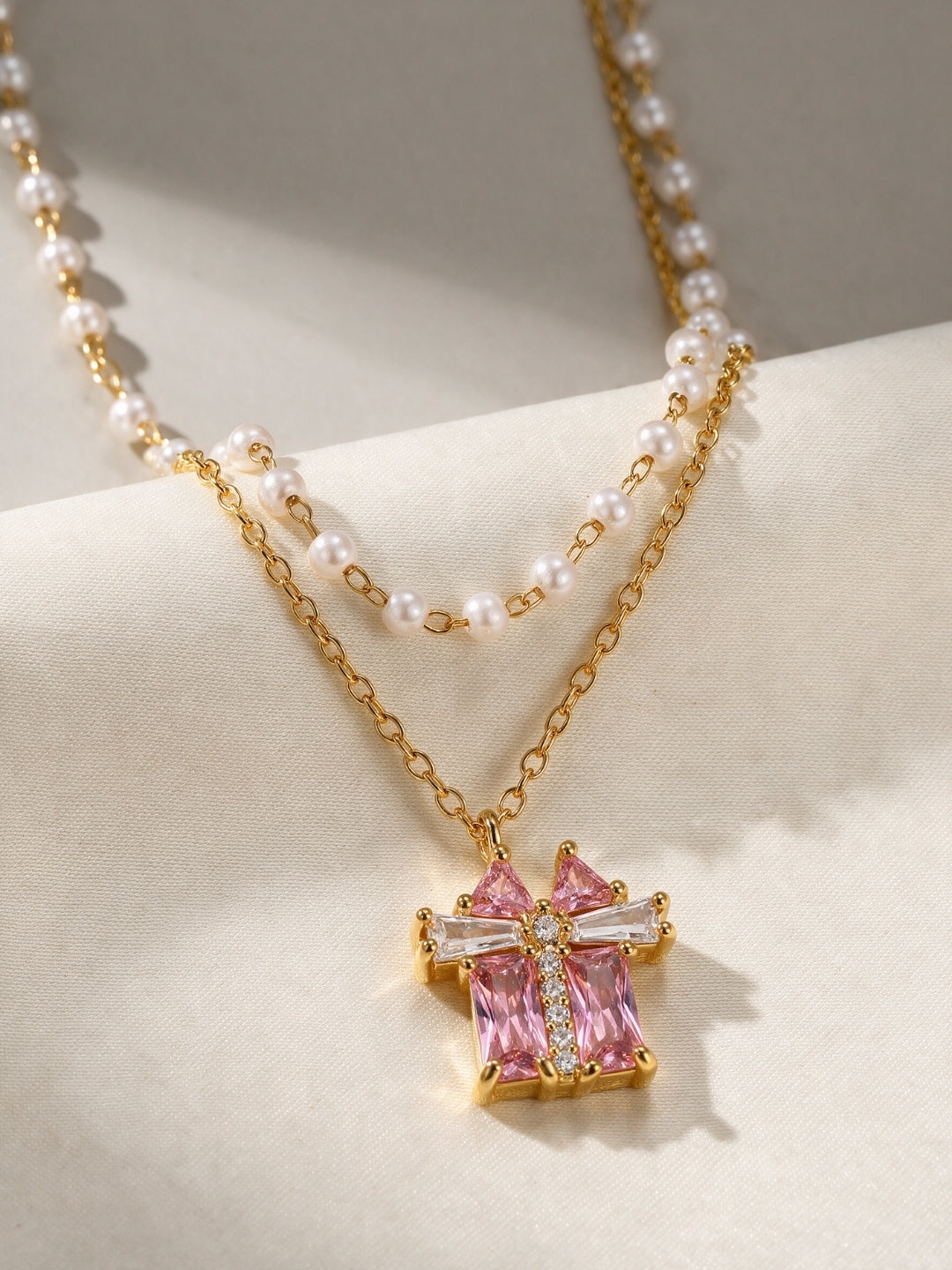 Croce Pink Baguette Layered Necklace & Earring Set, 18K Gold-Plated