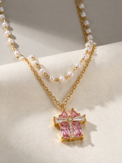 Croce Pink Baguette Layered Necklace & Earring Set, 18K Gold-Plated