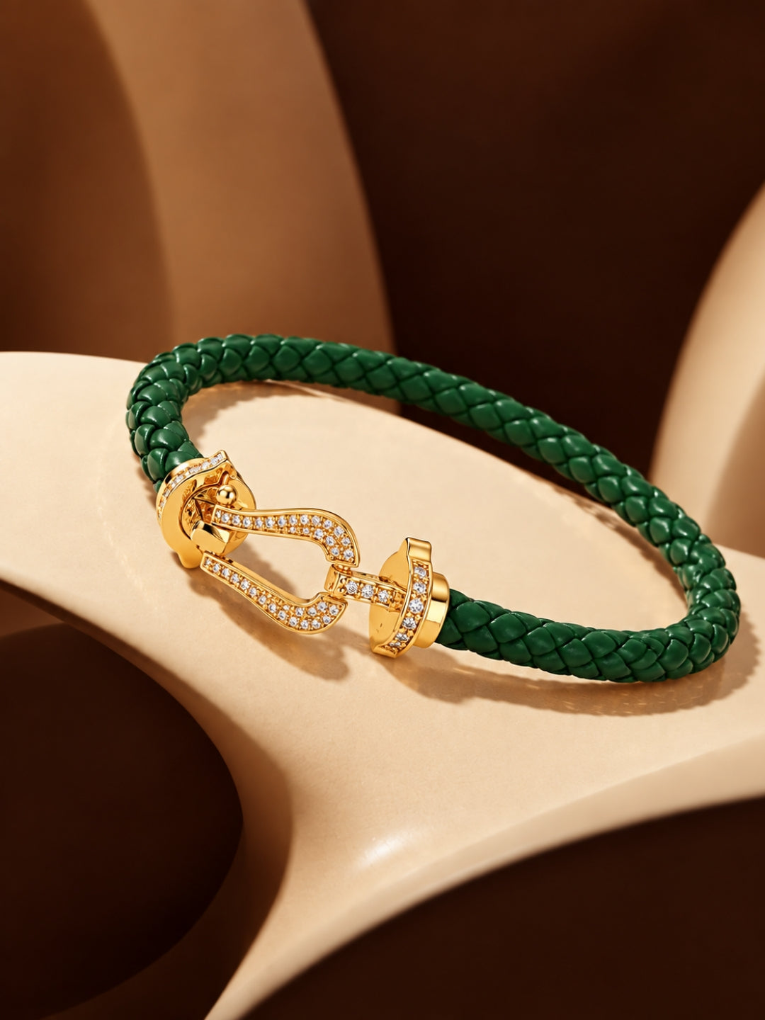 Emerald Studded Braided Leather Gold Magnetic Bracelet -18KT Gold Plated