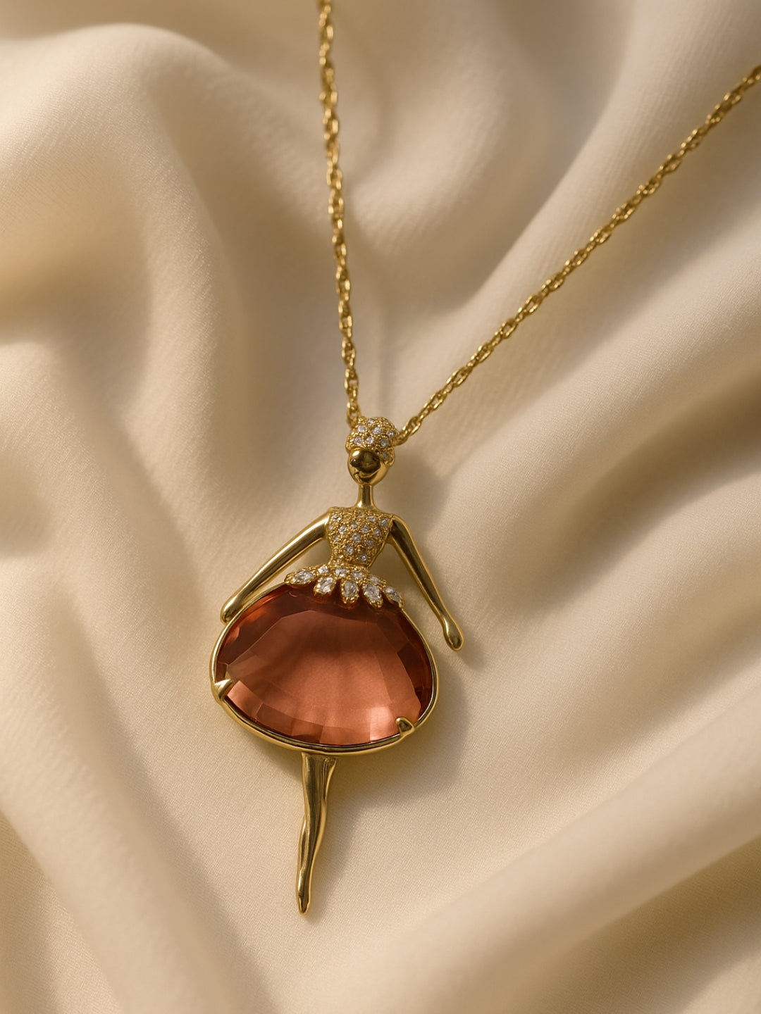 Anti-Tarnish Angel Pendant Necklace with peach Stone | 18K Gold Chain
