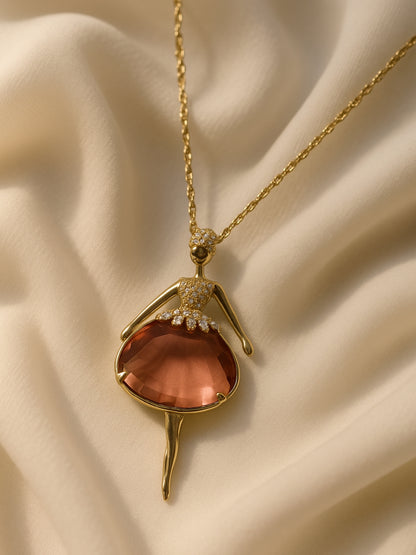 Anti-Tarnish Angel Pendant Necklace with peach Stone | 18K Gold Chain