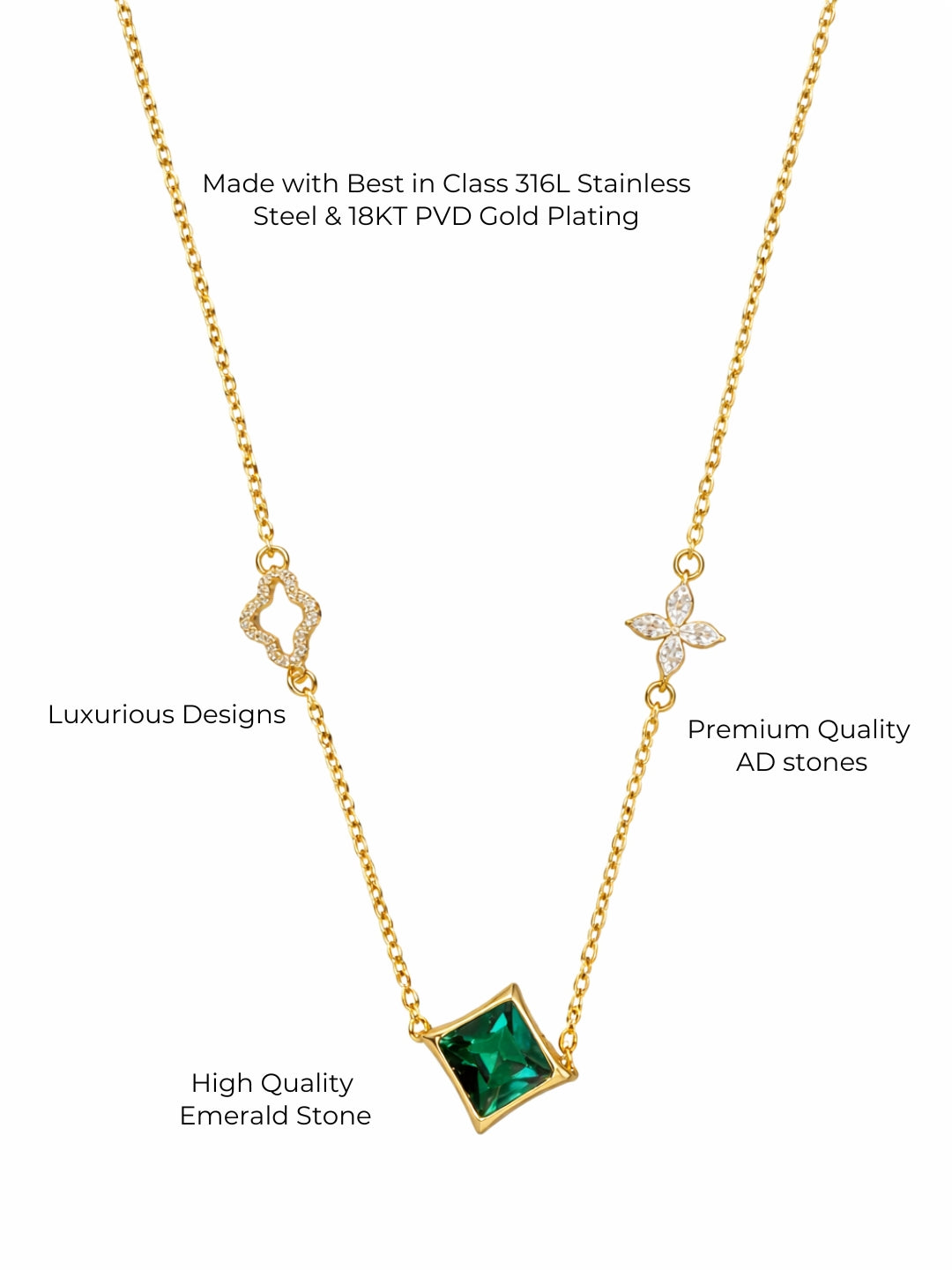 Green Quad Emerald CZ Gold Neckpiece | Anti-Tarnish Everyday Chain
