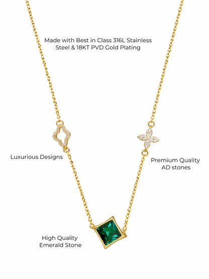 Green Quad Emerald CZ Gold Neckpiece | Anti-Tarnish Everyday Chain
