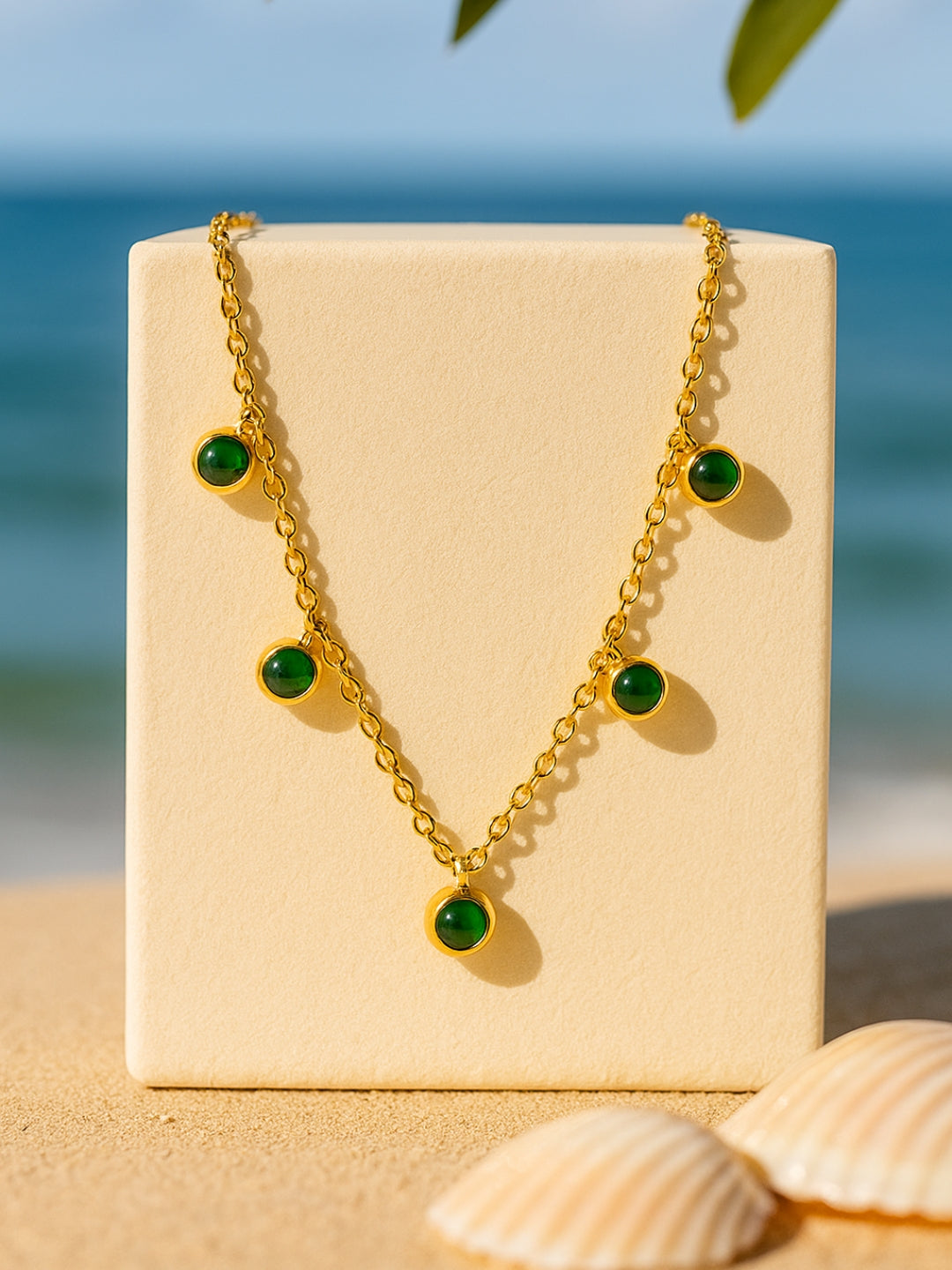 Green CZ Studded Necklace – Gold Plated Stainless Steel, Adjustable Chain