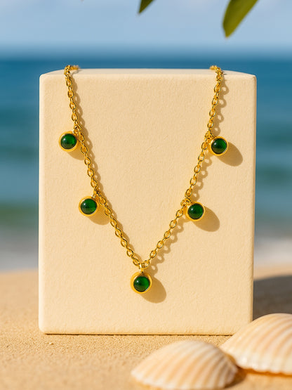 Green CZ Studded Necklace – Gold Plated Stainless Steel, Adjustable Chain
