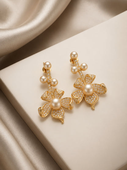 Taupe Pearl Floral Pavé Drop Earrings, 18K Gold-Plated