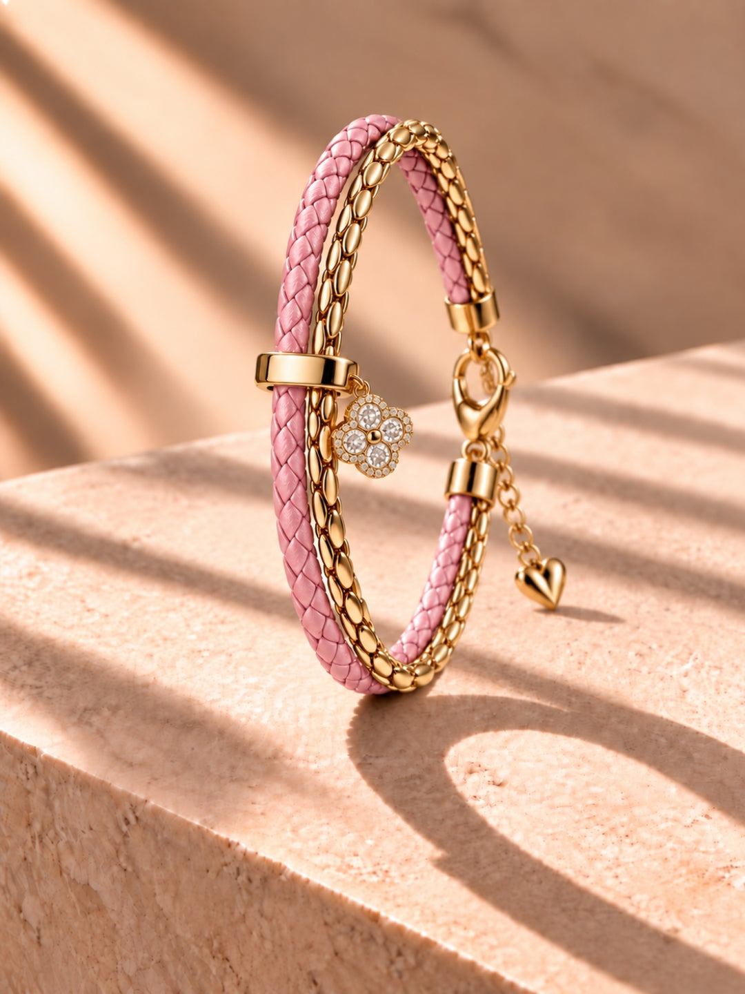 Pink Braided Double line Clover Band Cuff -18KT Gold Plated