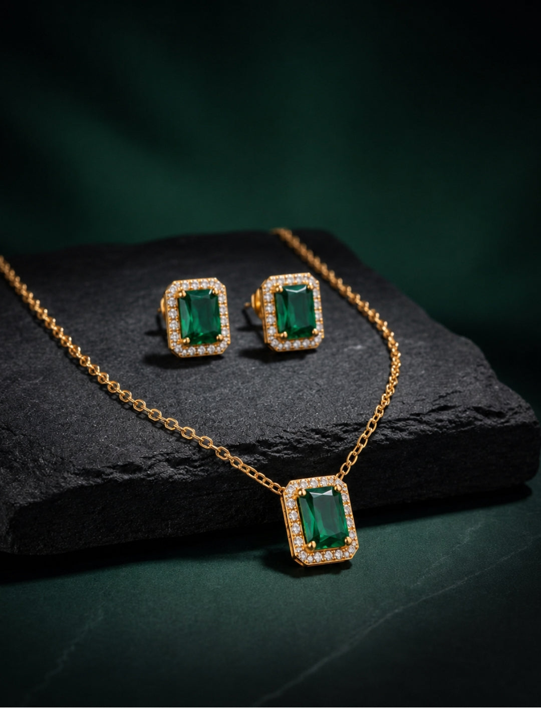 Verdena Green Halo Necklace & Earring Set, 18K Gold-Plated