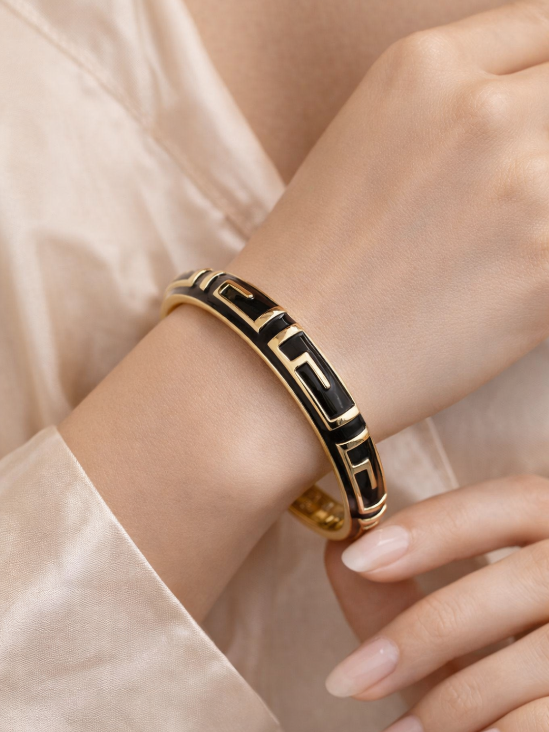 Black Swastik Enamel Gold Cuff Bracelet | Anti Tarnish Stainless Steel