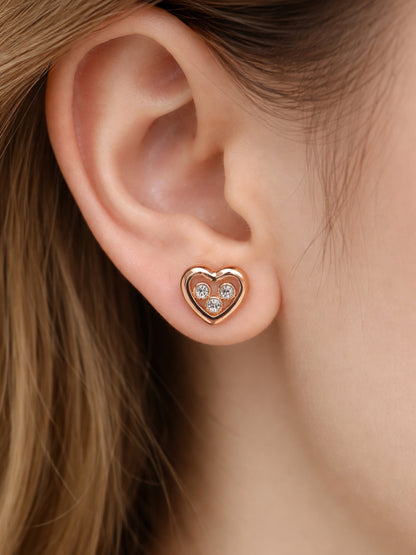 18K Gold Heart 3 Stone CZ Stud Earrings – Anti Tarnish