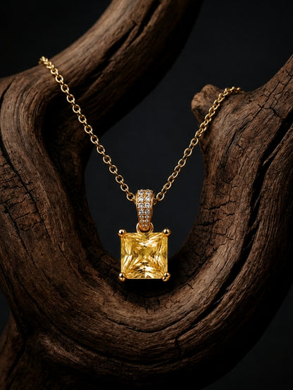 Yellow Square-Cut Pendant Necklace & Huggie Earring Set, 18K Gold-Plated