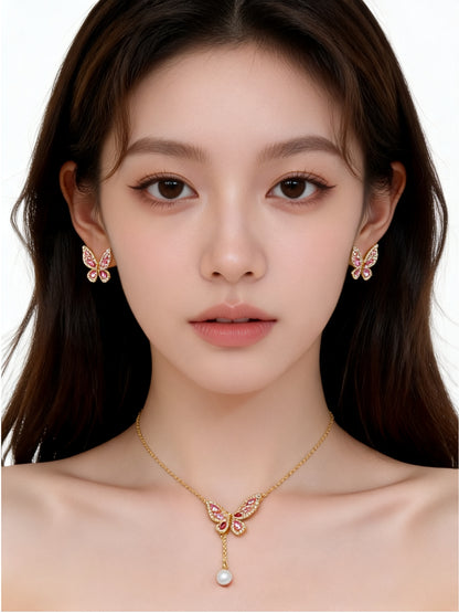 Pink Gold Butterfly & Pearl Drop Necklace-Earring Set
