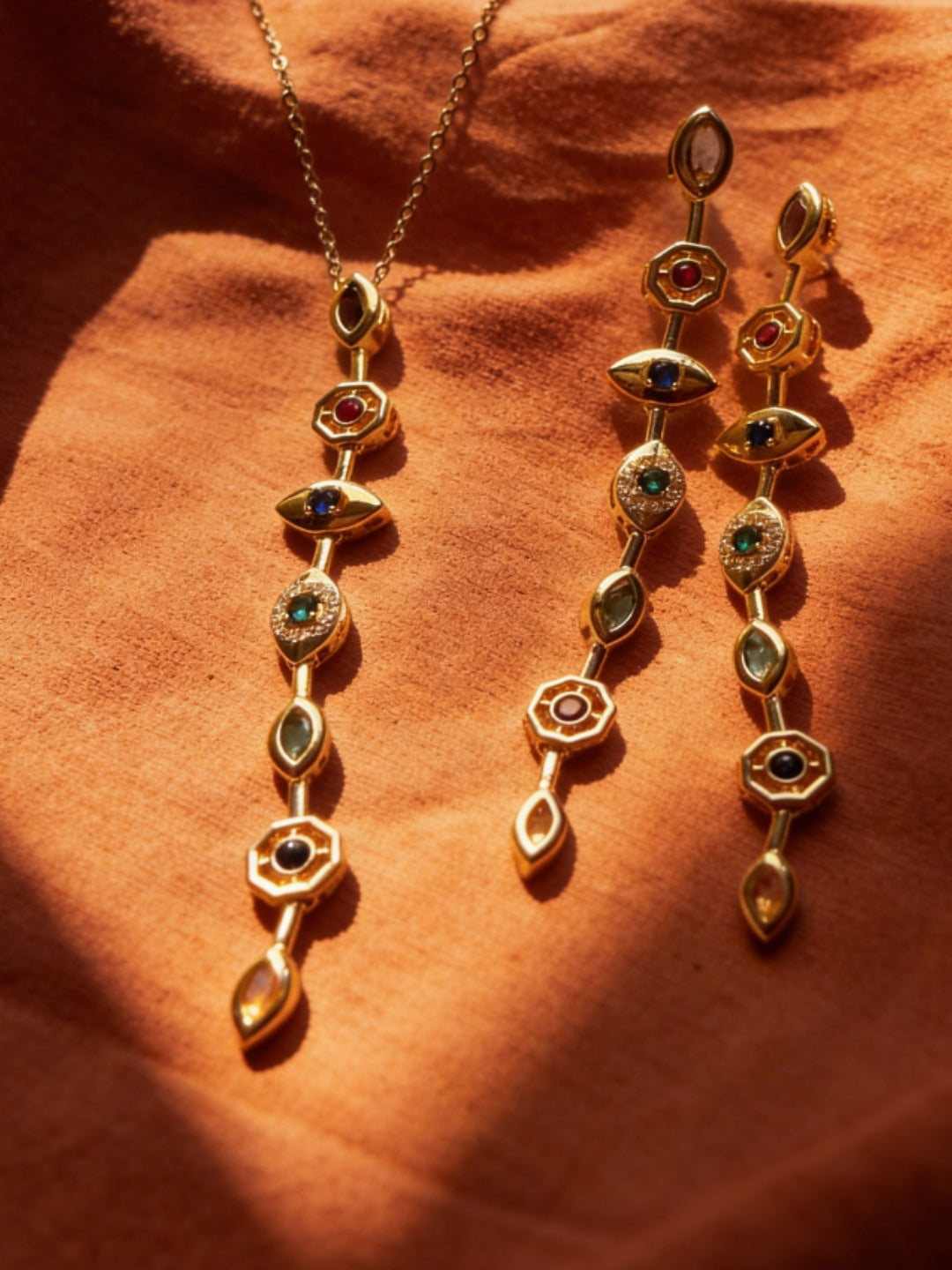 Evil Eye Pastel Shades Necklace & Earrings Set – 18K Gold Plated