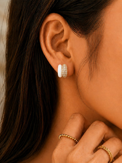 White Enamel CZ Nano Stud Earrings in 18K Gold Plating
