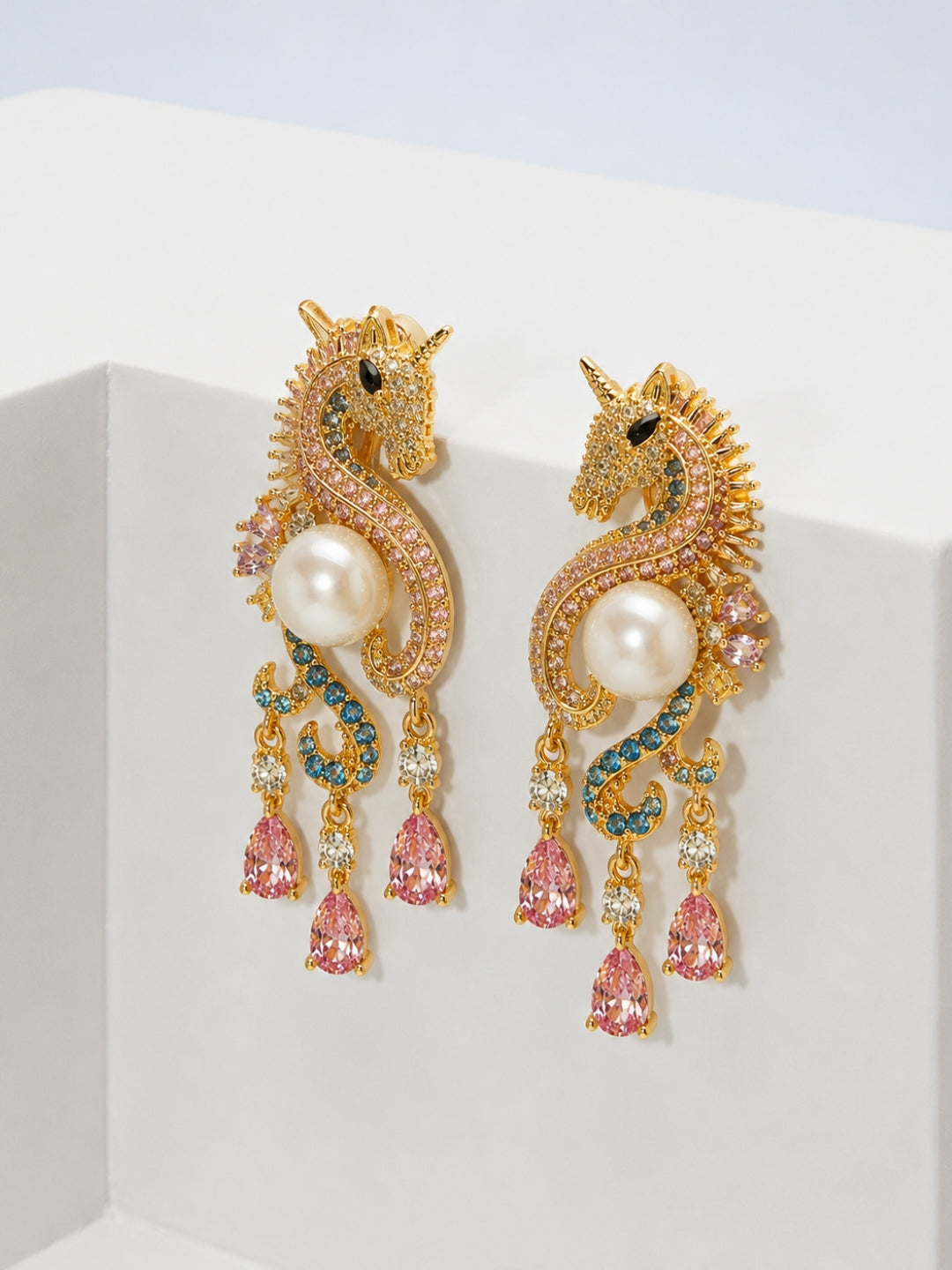 Enchanted Sea Unicorn Pavé Drop Earrings, 18K Gold-Plated