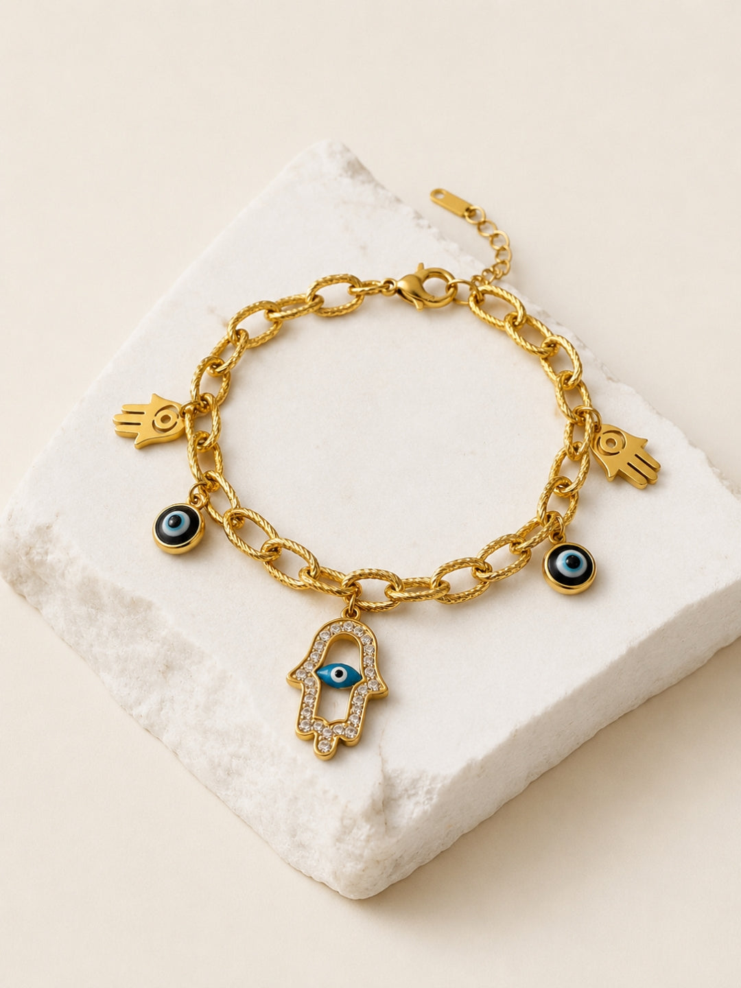 Evil Eye Hamsa Charm Bracelet in 18K Gold | Adjustable Chain