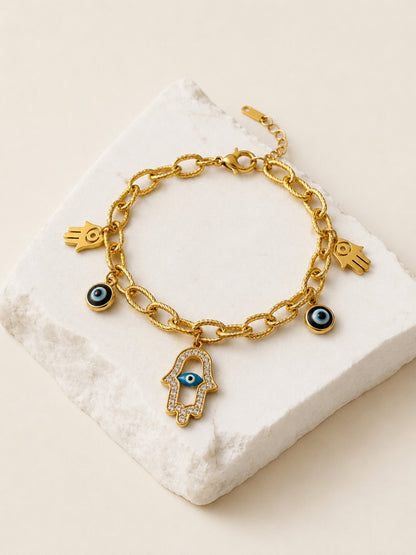 Evil Eye Hamsa Charm Bracelet in 18K Gold | Adjustable Chain