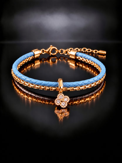 Sky Blue Braided Double line Clover Band Cuff -18KT Gold Plated