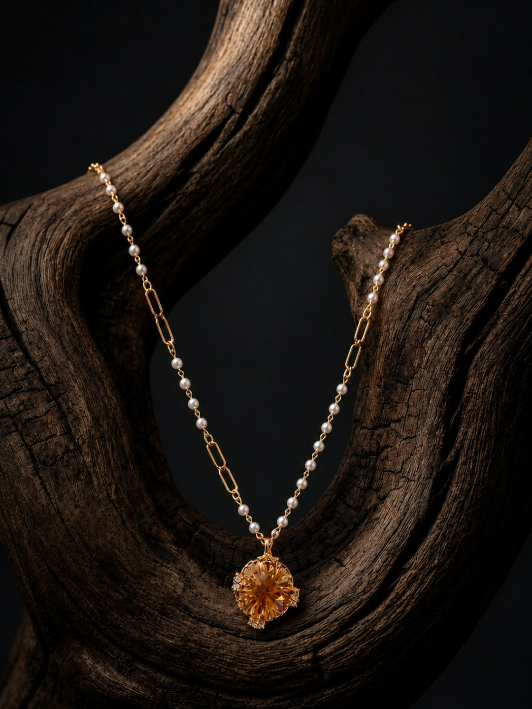 Adeline" Champagne Crystal Pendant Set — 18K Gold Plated with Pearl Accent Chain