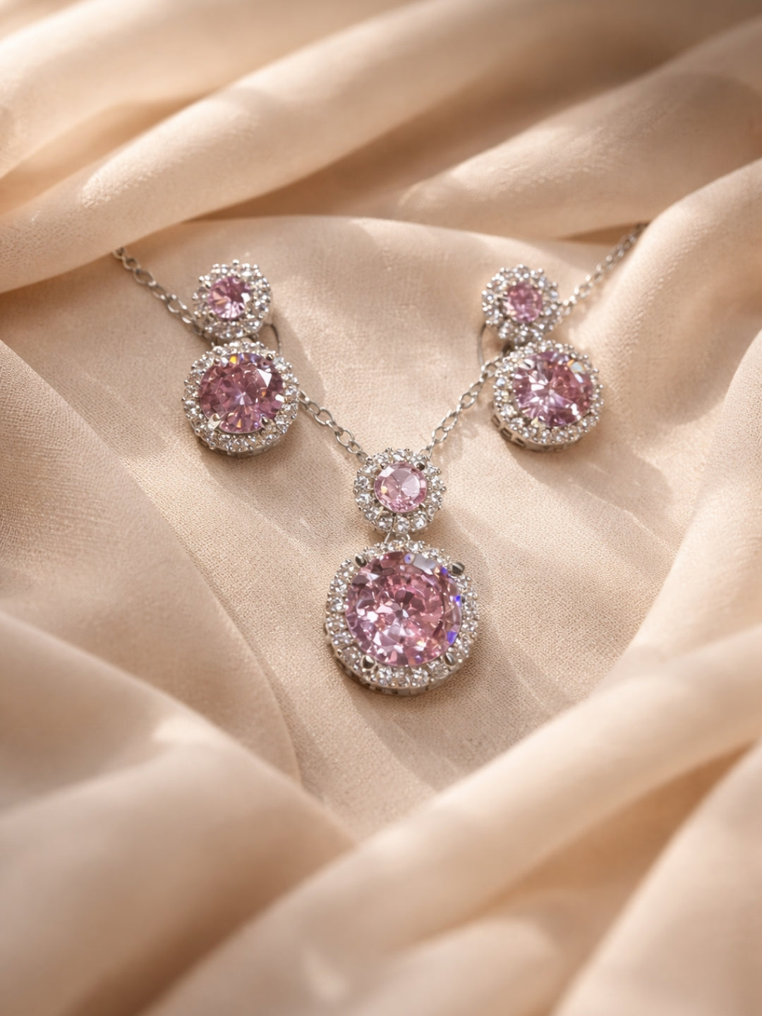 CL Pink Drop Jewelry Set | Rhodium CZ Necklace & Earrings