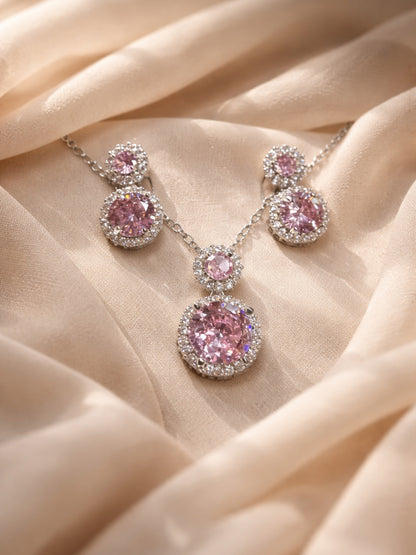 CL Pink Drop Jewelry Set | Rhodium CZ Necklace & Earrings