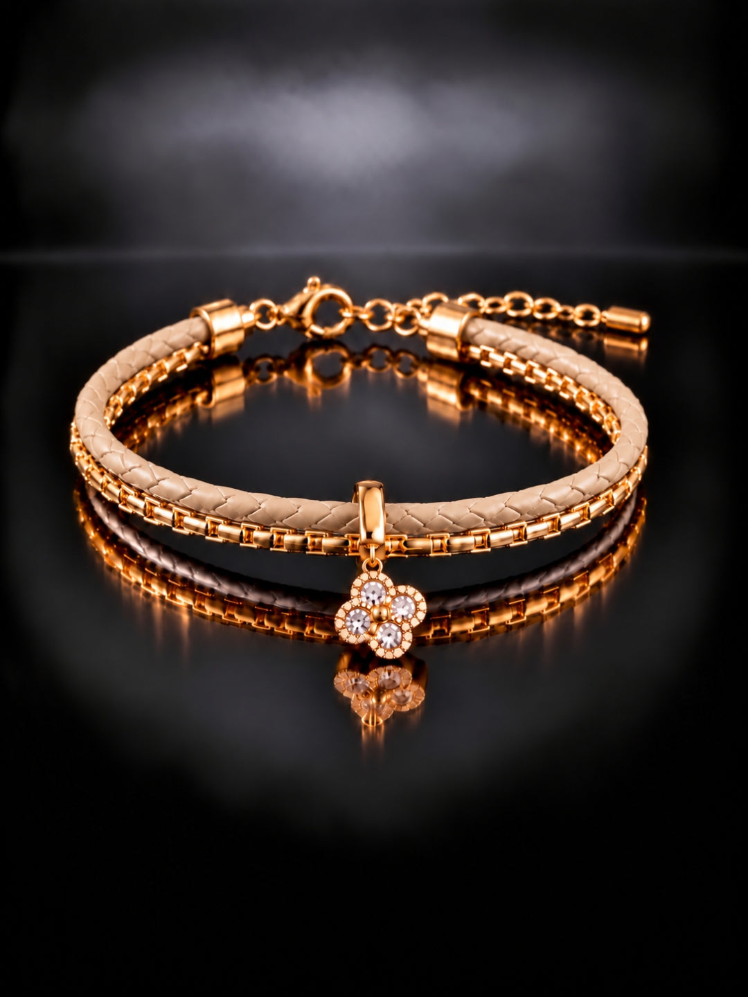 Beige Braided Double line Clover Band Cuff -18KT Gold Plated