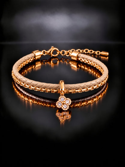 Beige Braided Double line Clover Band Cuff -18KT Gold Plated