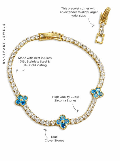 Blue & Gold Clover CZ Tennis Bracelet | Anti-Tarnish & Water Resistant