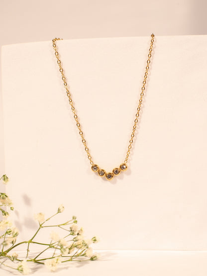 V Studded Pendant Necklace – Gold Plated Stainless Steel, Premium AD Stones, Adjustable Length