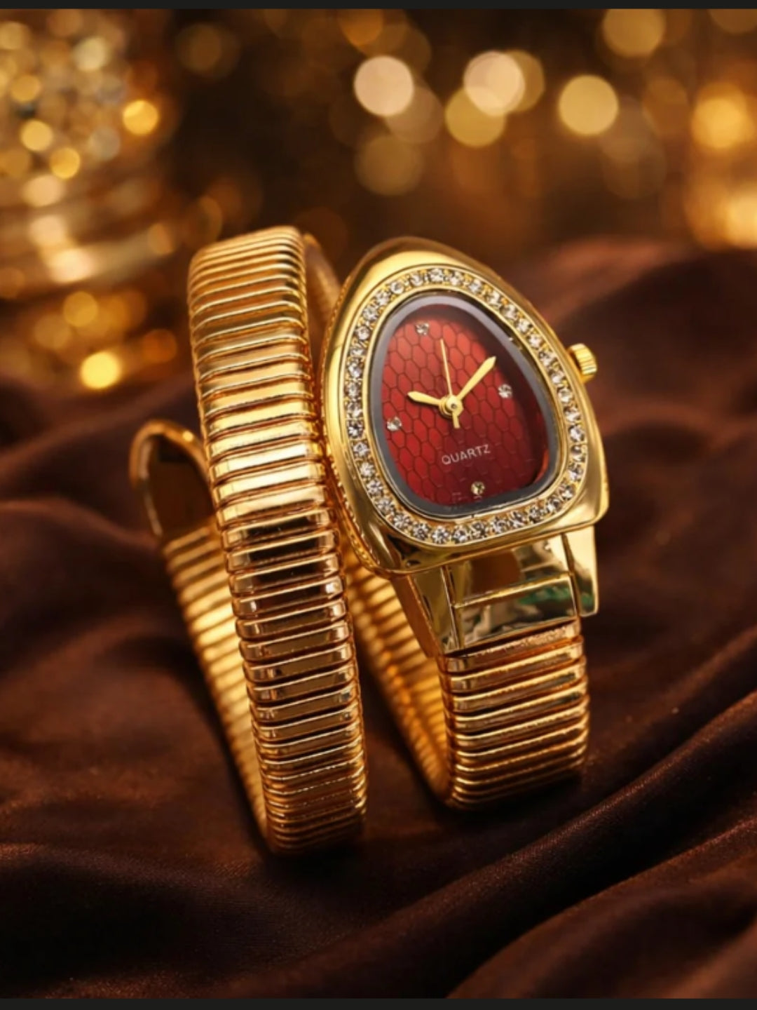 Ruby Dial Spiral Serpenti Gold Watch-Style Bracelet with CZ Stones