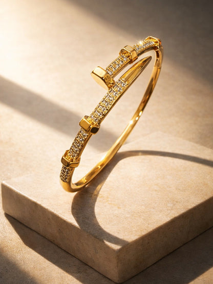 Screw Nail Cuff Bracelet – 18K Gold Plated CZ Stainless Steel