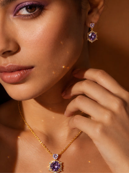 Ametista Crystal Halo Necklace & Earring Set, 18K Gold-Plated
