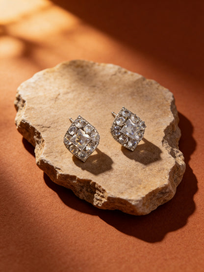 Designer Multi Stone CZ Stud Earrings – Rhodium Plated