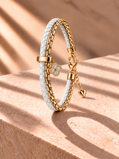 White Braided Double line Clover Band Cuff -18KT Gold Plated