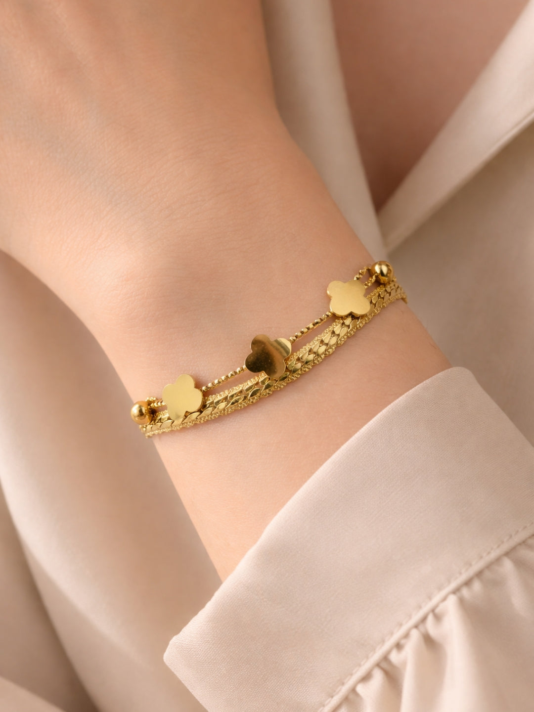 Clover Double Layer Cuban Chain Bracelet – 18K Gold Plated
