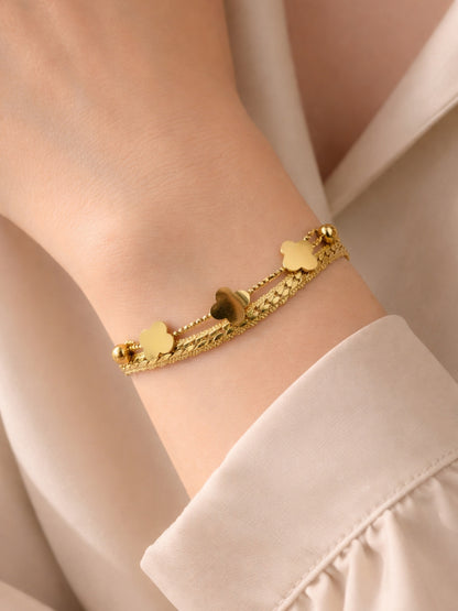 Clover Double Layer Cuban Chain Bracelet – 18K Gold Plated